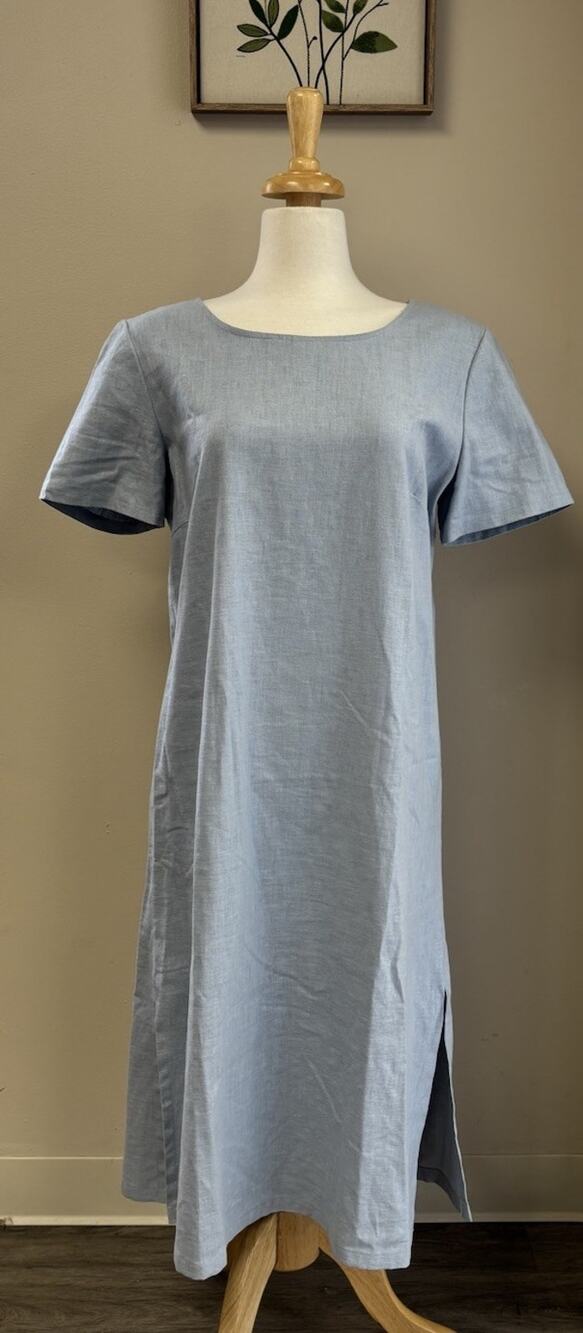 Blue Linen And Cotton Midi Length Dress With Sleeves Women’s Size 10 READ